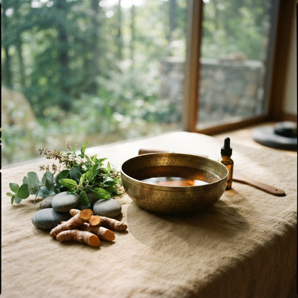 A calm arrangement of Ayurvedic herbs, oils, and river stones in warm morning light